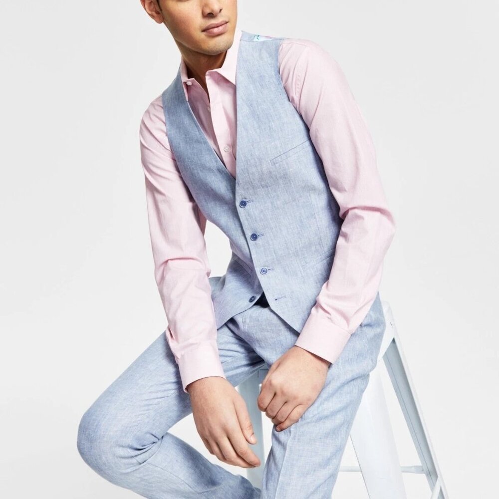Bar III Mens Slim Fit 100% Linen Suit Vest Blue‎ Size Large E091417
